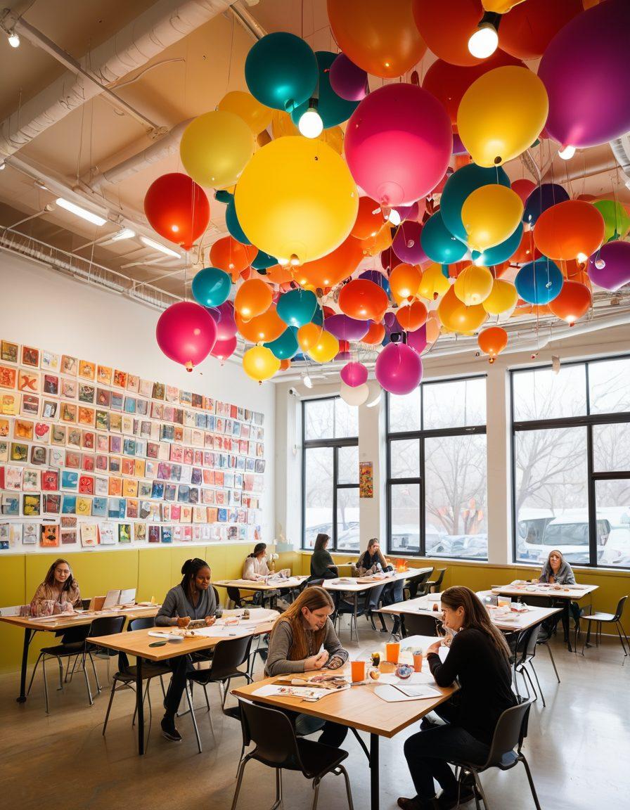 A vibrant, interactive resource center filled with diverse people sharing creative ideas, surrounded by colorful art supplies, books, and inspiring quotes on the walls. Include elements symbolizing engagement like speech bubbles and light bulbs. The atmosphere should evoke inspiration and collaboration among various creative activities. super-realistic. vibrant colors. dynamic composition.