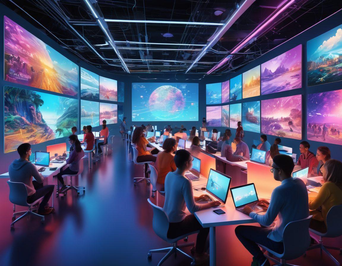 A futuristic digital landscape depicting diverse people engaging in writing and collaboration online, surrounded by glowing screens displaying vibrant content. Incorporate elements like interconnected networks, digital tools, and a sense of community. Bright colors and dynamic energy should reflect enthusiasm and creativity in online writing. modern illustration. vibrant colors. 3D.