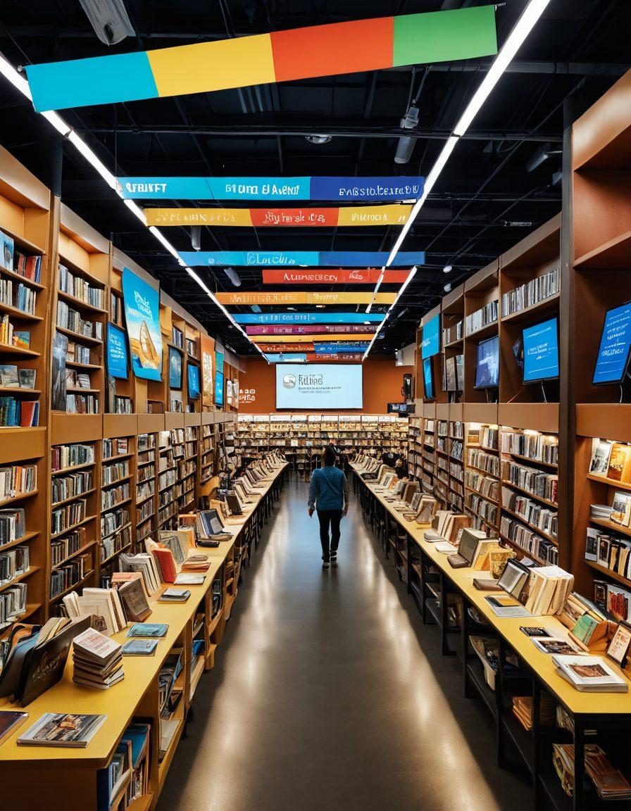 A colorful, bustling marketplace filled with creative individuals passionately sharing their stories and ideas. A backdrop of books, pens, and digital screens representing the publishing journey. Bright banners disseminate the community spirit, showcasing diverse cultural symbols. The atmosphere is lively with warm tones and engaging expressions of joy and inspiration. super-realistic. vibrant colors. 3D.